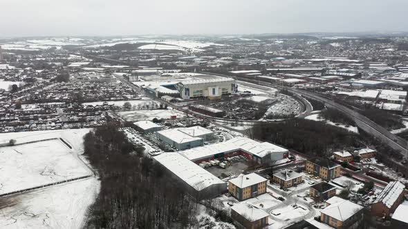 Aerial footage of the Elland Road football stadium in Leeds, West Yorkshire alt