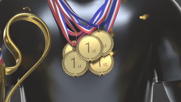 A winner with medals on his chest with gold cups in hands. First prize. Trophies alt