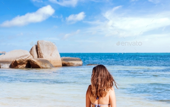 Rear view of young woman wearing bikini, walking on tropical beach.