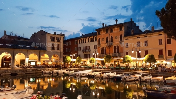 Night image of coastal town of Desenzano del Grada in Italy. Stock ...