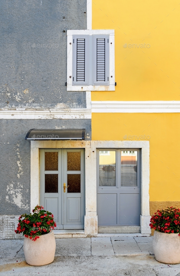 Colorful houses, grey and yellow, fron view, architecture, minimalist, minimalism.