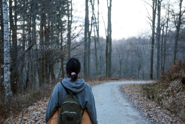 Rear view of young woman hiking on path through forest with bare trees ...