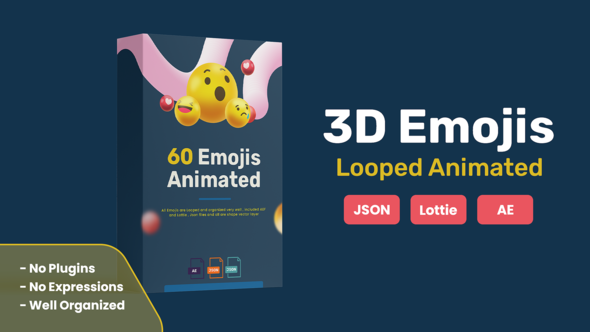 3D Animated Emojis with Looping animations , Json and Lottie files included