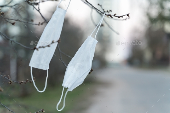 Used disposable mask hanging on a tree branch