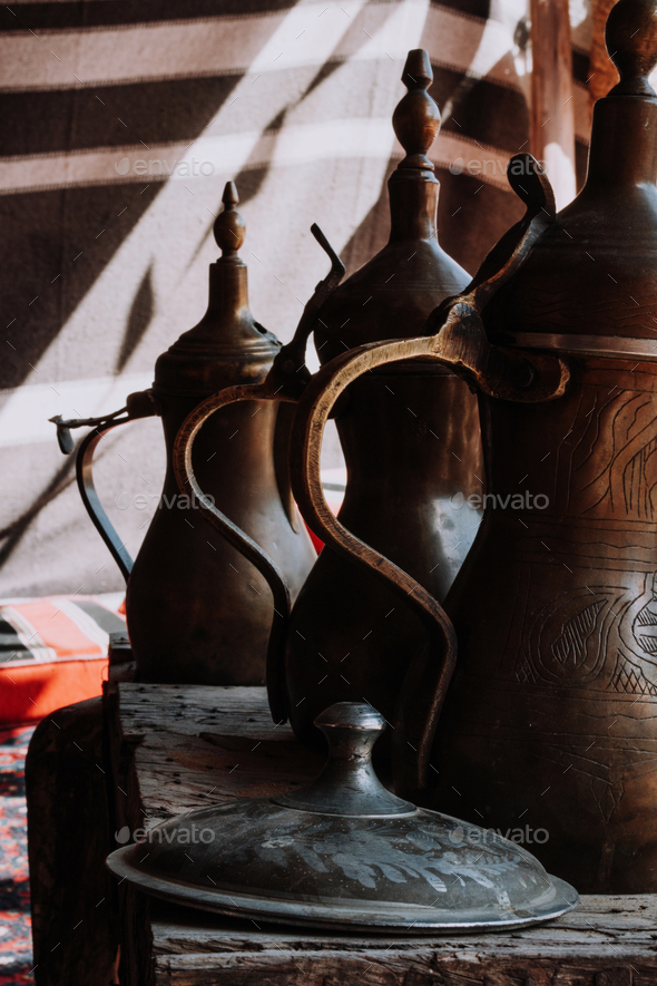 Traditional metallic Arabic jugs kashida Stock Photo by phoenixproduction