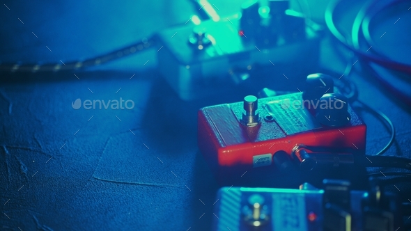 Close up of guitar pedals. music effect loop machine.