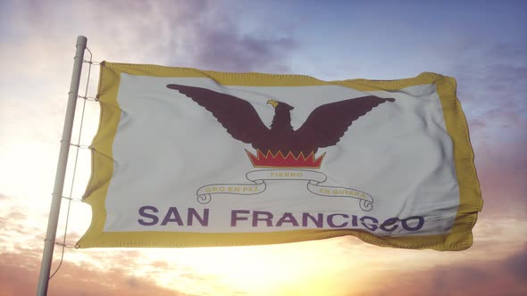 San Francisco Flag California Waving in the Wind Sky and Sun Background alt
