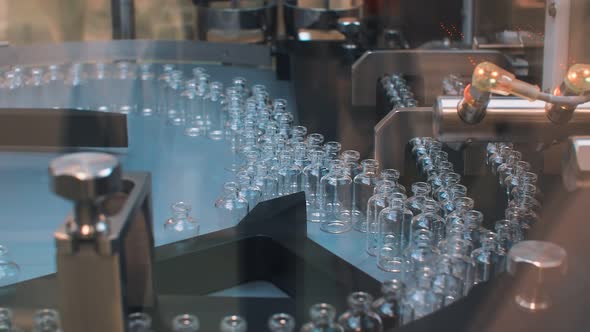 Glass Sterile Vials on the Line of a Pharmaceutical Factory That Have Been Washed, Dried and alt