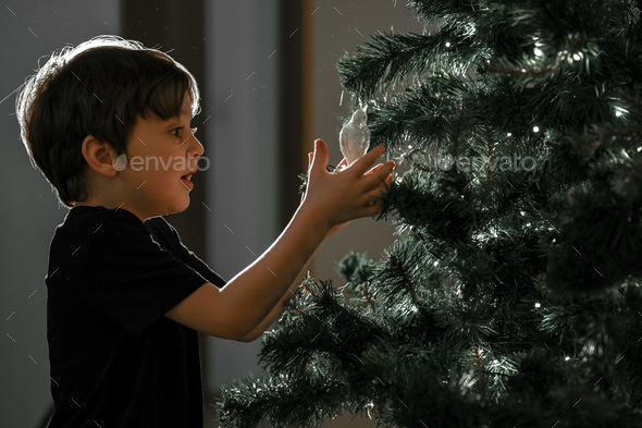 The boy decorates the Christmas tree for the New Year - Stock Photo - Images