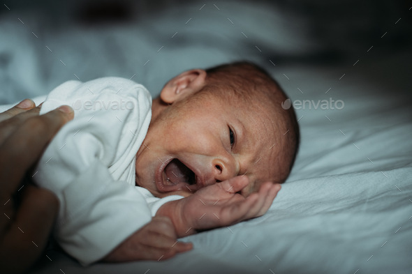 portrait of a newborn. baby yawns - Stock Photo - Images