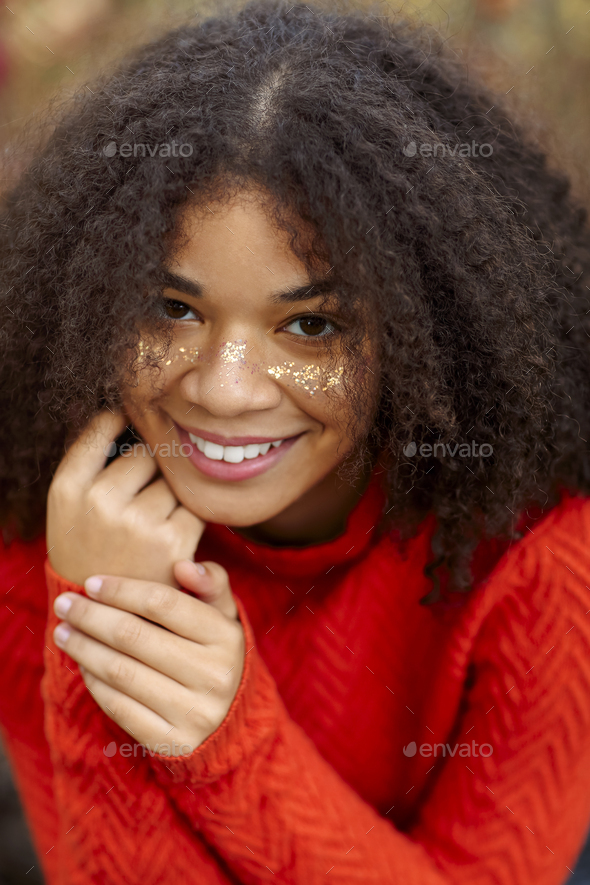 Young Happy Overjoyed African American Woman With Curly Hair Stock