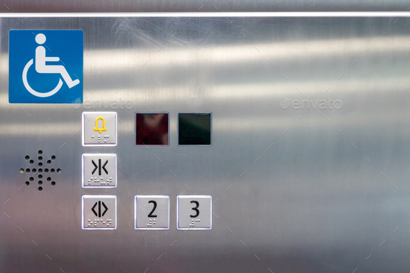 Image of disabled lift button. Stainless steel elevator panel push buttons for blind and disability