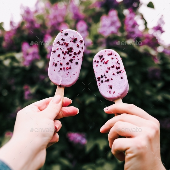 Colorful ice cream - close up shot of two chocolate covered ice creams on sticks. sugar, calories - Stock Photo - Images