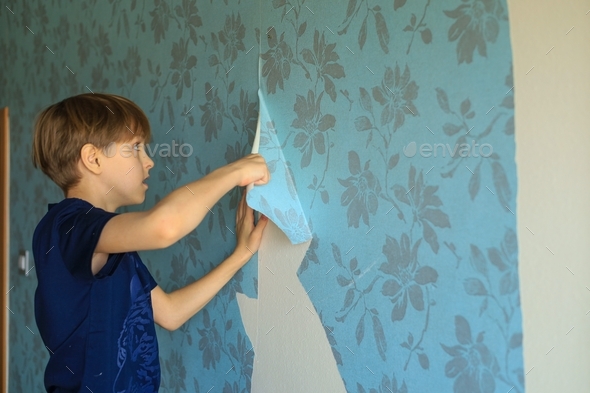Handsome boy helps to make repairs in the apartment, tearing off old wallpaper from the wall