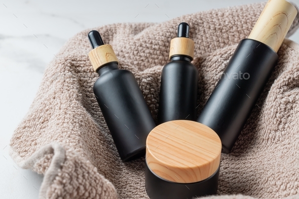Skin care cosmetics set. Unbranded logo mockup bottles. Daily routine and complete nourishing