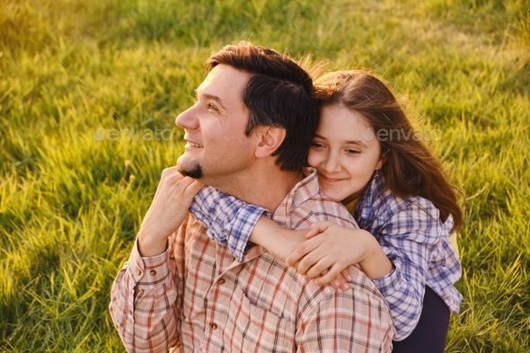 dad, family, child, father, recreation, park, embracing, hugging ...