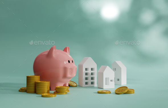 Piggy bank with gold coin and model house. Saving money for house concept, 3D render - Stock Photo - Images