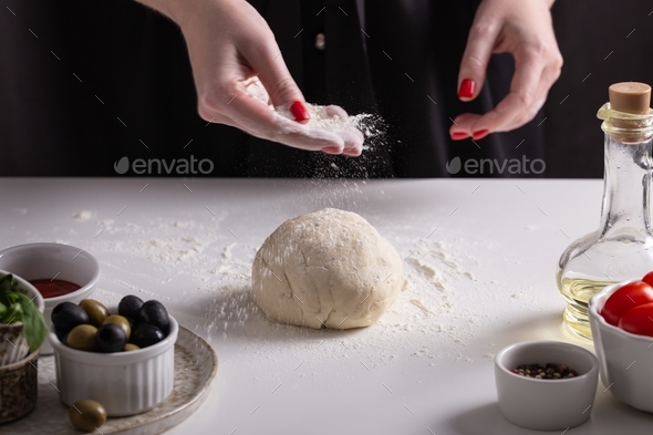 Woman cooking pizza in the kitchen, step by step Stock Photo by Tati_honey