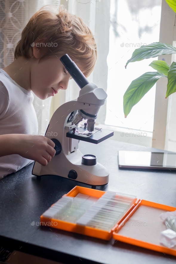 a child studying glasses with laboratory materials under a microscope