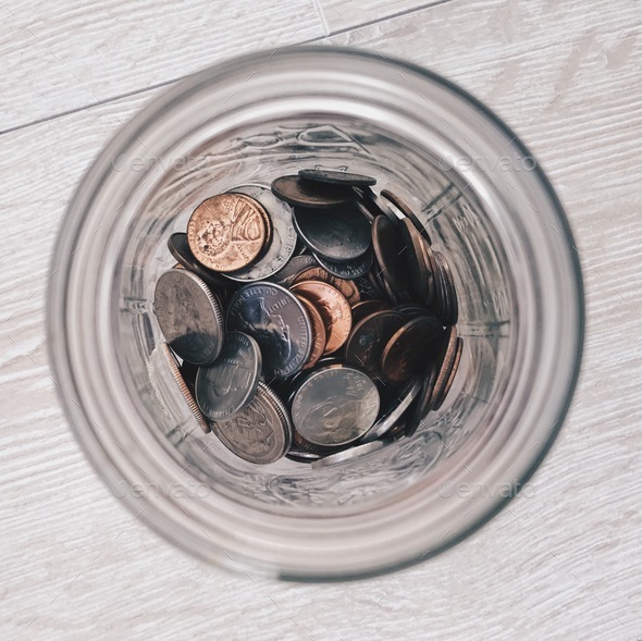 Loose change in a glass jar