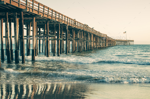 Old long wooden pier in Ventura CA  - Stock Photo - Images