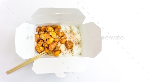 Orange chicken in takeout box  - Stock Photo - Images