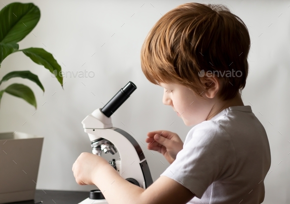 Close-up of a boy child studying glasses with laboratory materials under a microscope