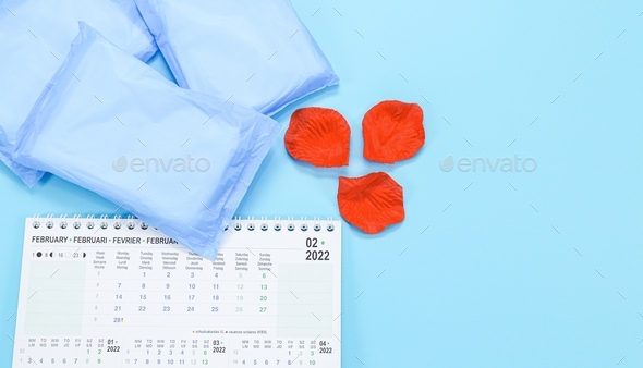Three female pads, desk calendar for February 2022 and artificial rose petals on a light blue .
