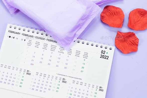 Three female pads, desk calendar for February 2022 and artificial rose petals on a light lilac.