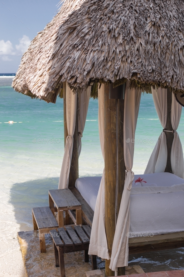 Open beach cabana on the water in Jamaica - Stock Photo - Images
