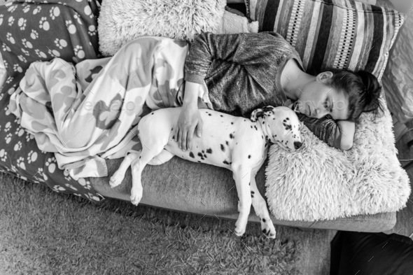 Girl sleep with the dalmatian dog - Stock Photo - Images