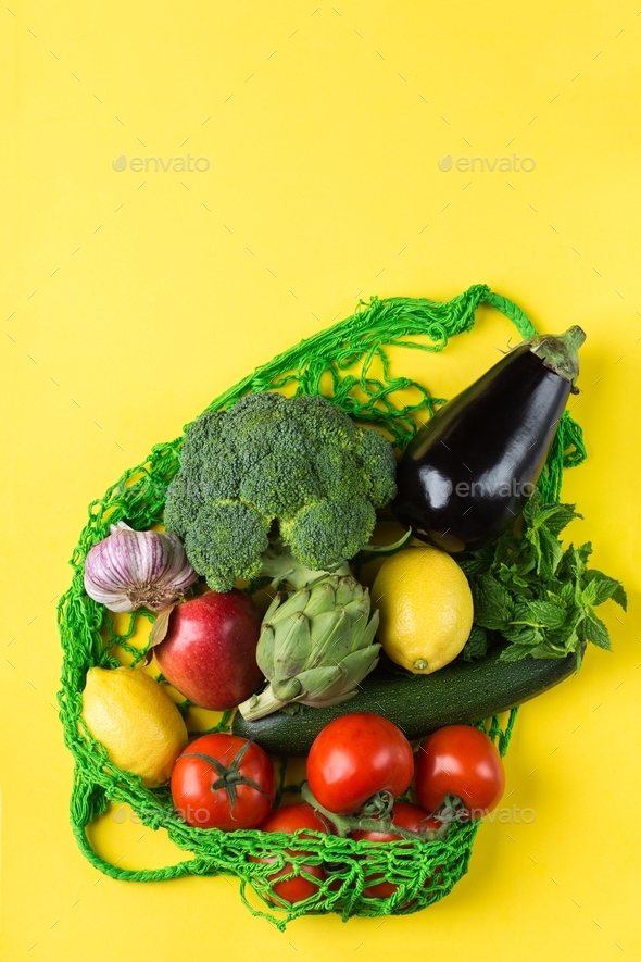 Mesh bag with fruits, vegetables. Zero waste, plastic free concept - Stock Photo - Images
