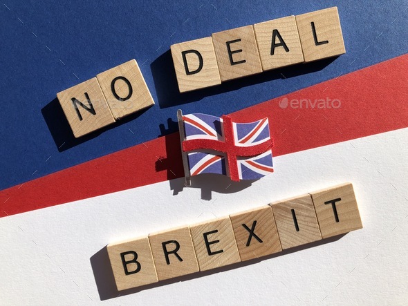 No Deal Brexit, words in wooden alphabet letters isolated on background