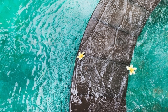 Turquoise texture of water in pool with frangipani flowers - Stock Photo - Images
