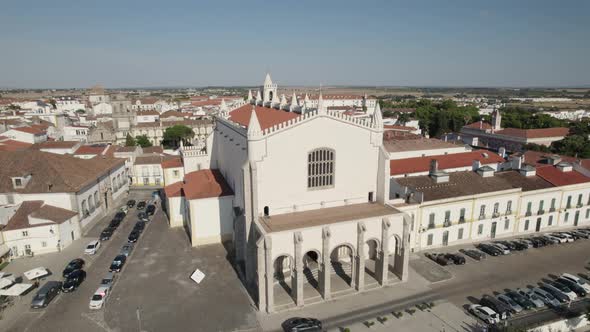 Aerial circle view of church and monastery of San Francisco, Evora. Portugal