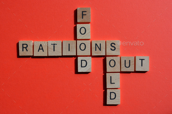 Food, Rations, Sold, Out, crossword in 3D wooden alphabet letters