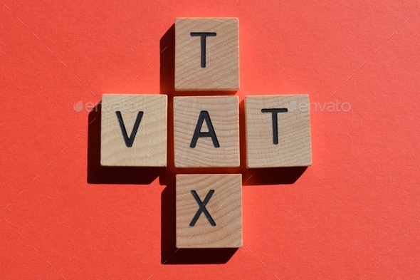 Tax, VAT word and acronym in crossword form isolated on red background