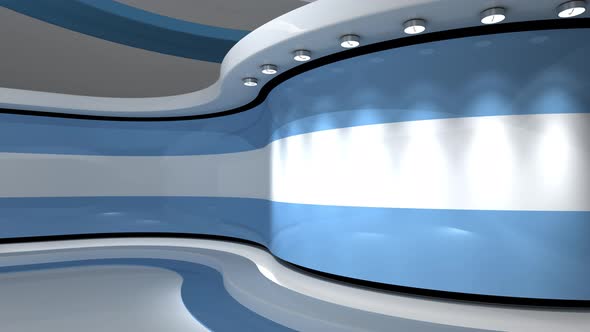 Light blue background. Virtual studio