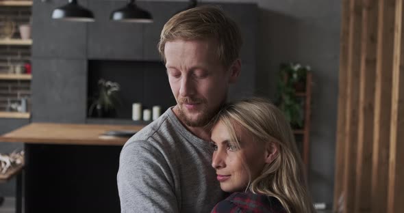 Closeup Caring Man Cuddle Blonde Woman Best Love Feeling Tenderness and Care Romantic Relationship alt