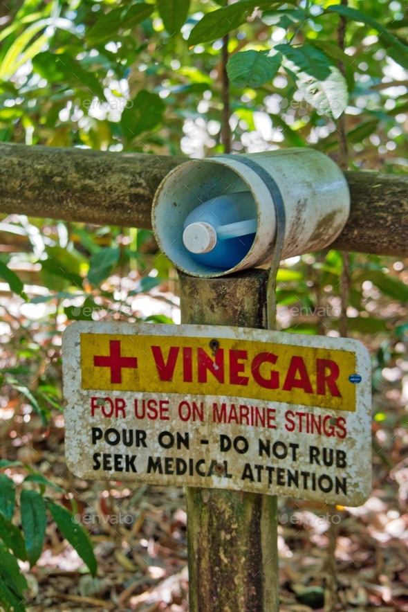 A warning sign in Australia about jellyfish stings. With a vinegar