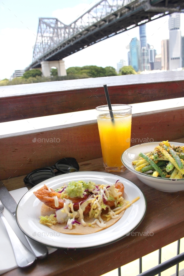 Lunch underneath the Story Bridge, Brisbane, Australia fish taco