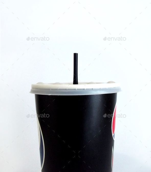Plastic disposable soda cup with straw