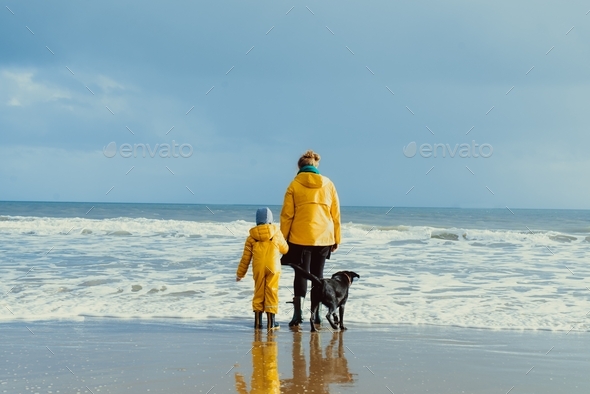 Mother and little son walking with a dog on the seaside wearing gum boots and yellow coats
