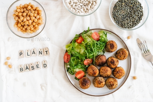 Veggie balls with pea protein served with fresh salad. Healthy eating. Vegetarian, vegan diet