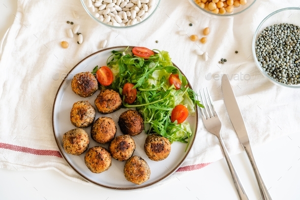 Veggie balls with pea protein served with fresh salad. Healthy eating. Vegetarian, vegan diet