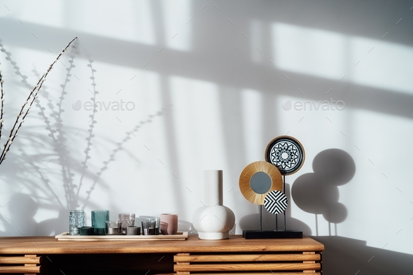 Modern minimalist Scandinavian style interior. Candles, ceramic