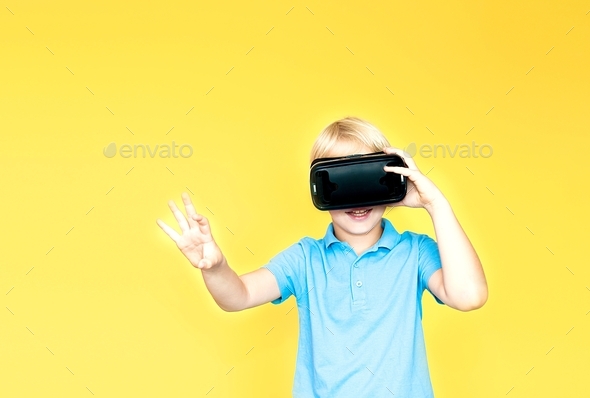  virtual reality glasses headset, vr box, gestures with her hands. - Stock Photo - Images