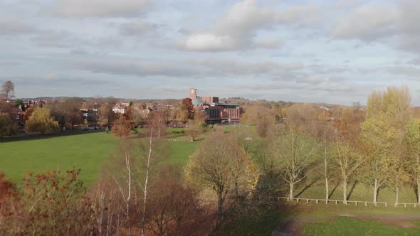 Historic Stratford Upon Avon, Aerial Drone View Shakespeare Swan Theatre, Sunny Autumn Day