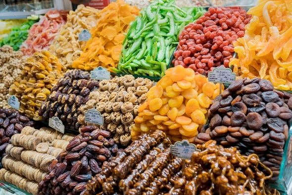 Variety of dried fruits, wallnut, nut, juchkhela and pistachio at ...