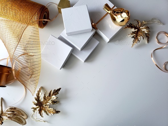 Gold theme gift wrapping on a white background Stock Photo by polga2